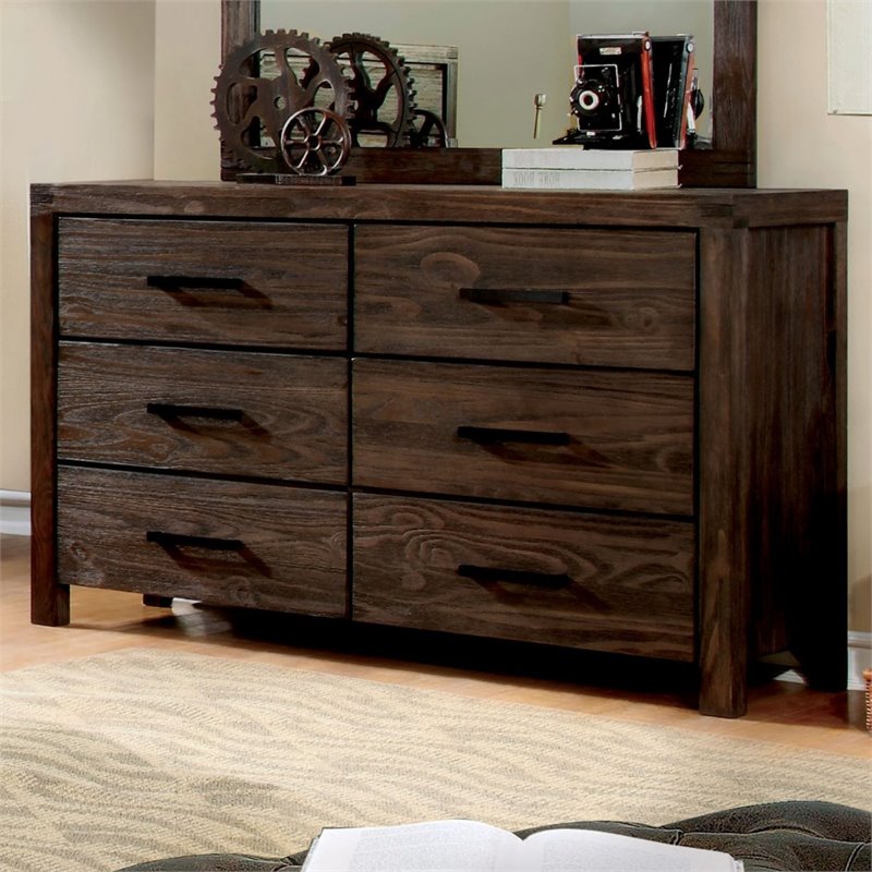 Bowery Hill Rustic Wood 6-Drawer Dresser in Wire-Brushed Brown Finish