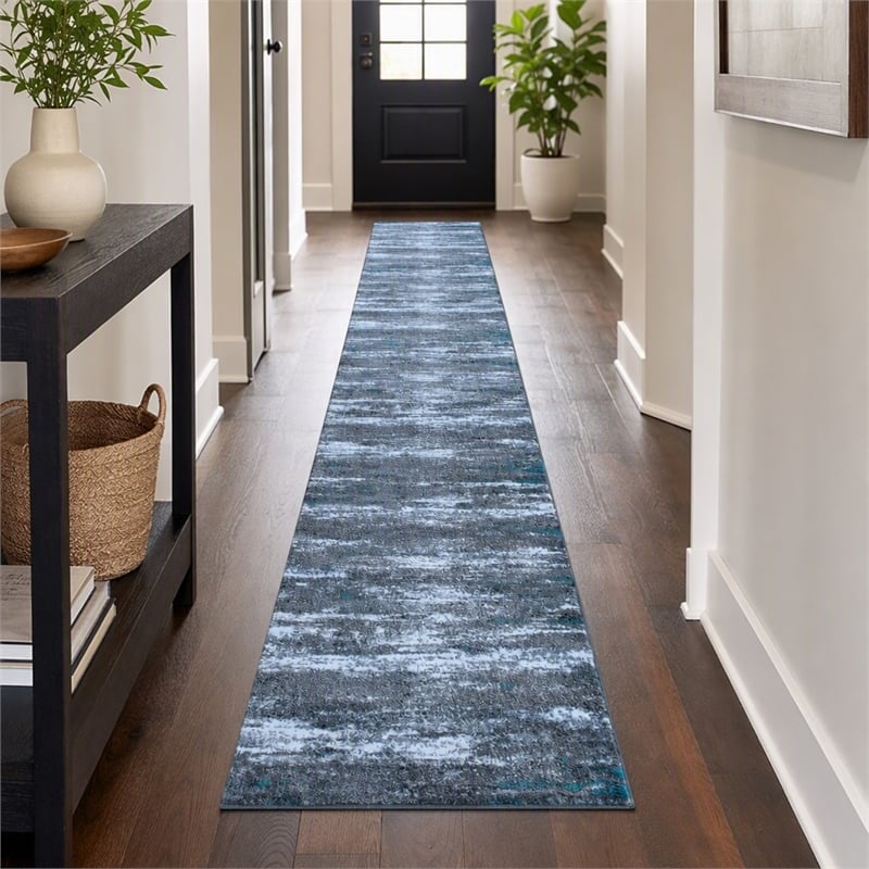 Bowery Hill 31.2 x 186 in Distressed Olefin Area Rug in Turquoise