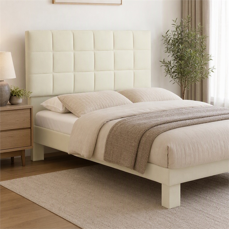 Bowery Hill Tufted Fabric Upholstered Full/Queen Headboard in Ivory
