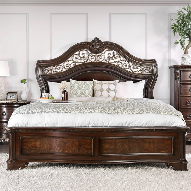 Bowery Hill California King Panel Bed in Solid Wood Brown Cherry Finish