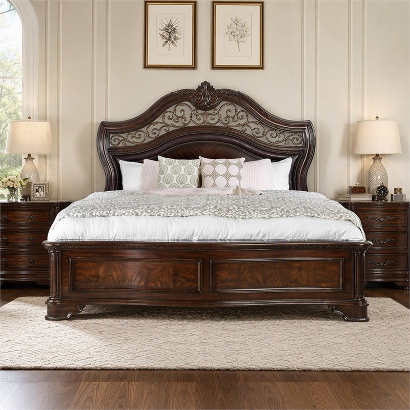 Bowery Hill California King Panel Bed in Solid Wood Brown Cherry Finish
