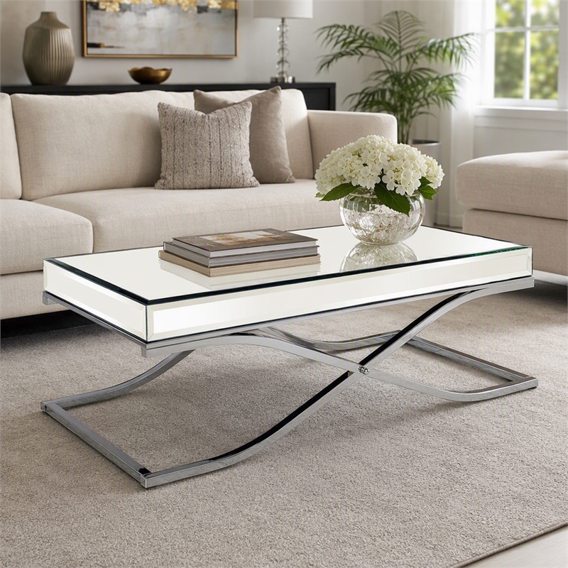 Bowery Hill Contemporary Metal Coffee Table in Chrome Finish with Glass Top