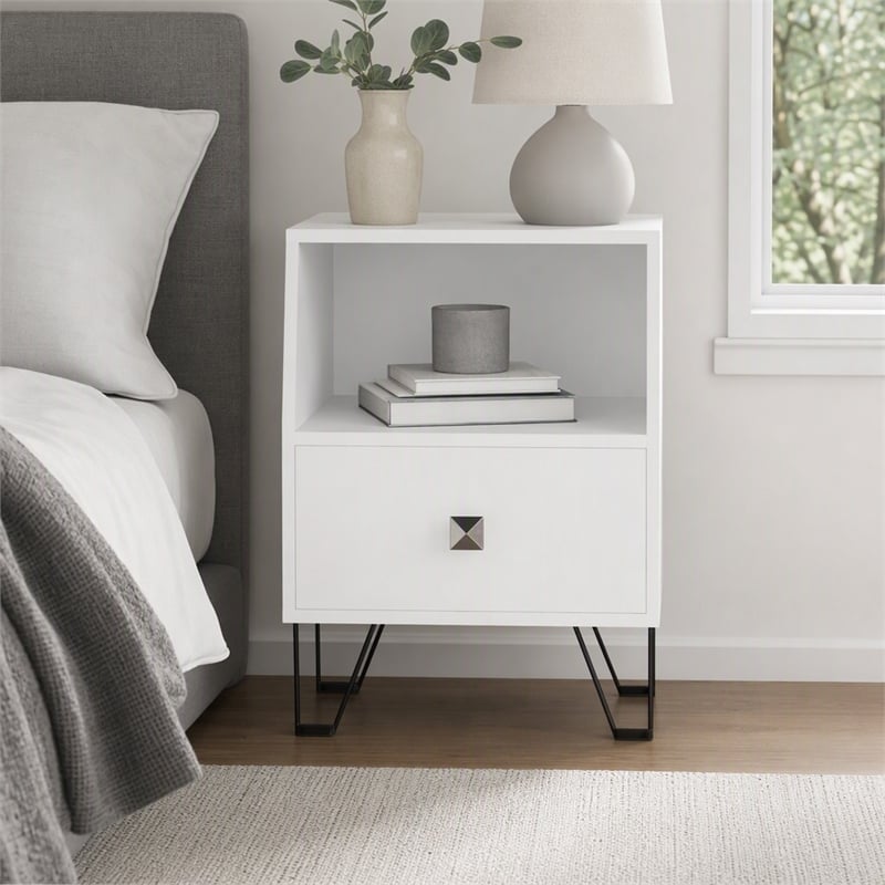 Bowery Hill Modern Wood Storage End Table in White with Drawer
