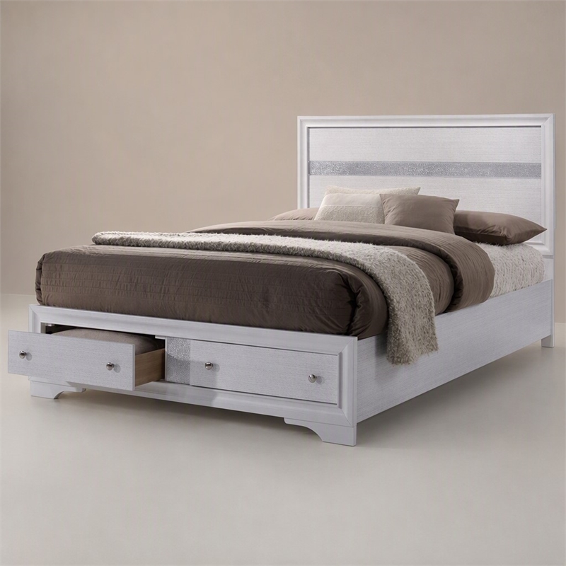 Bowery Hill Solid Wood Queen Storage Bed in White with Drawers