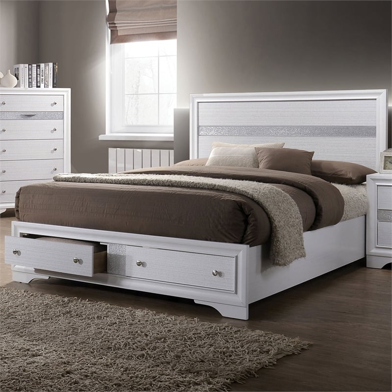 Bowery Hill Solid Wood Queen Storage Bed in White with Drawers