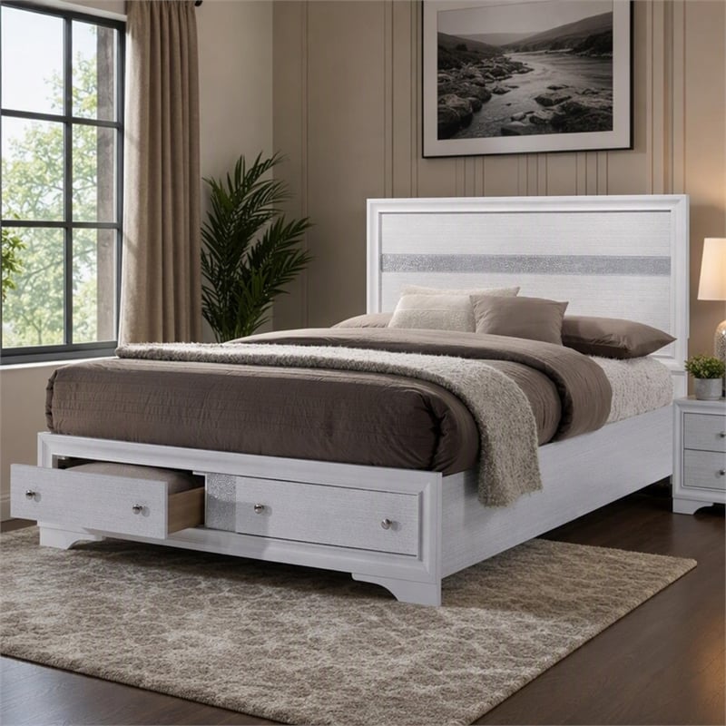 Bowery Hill Solid Wood Queen Storage Bed in White with Drawers