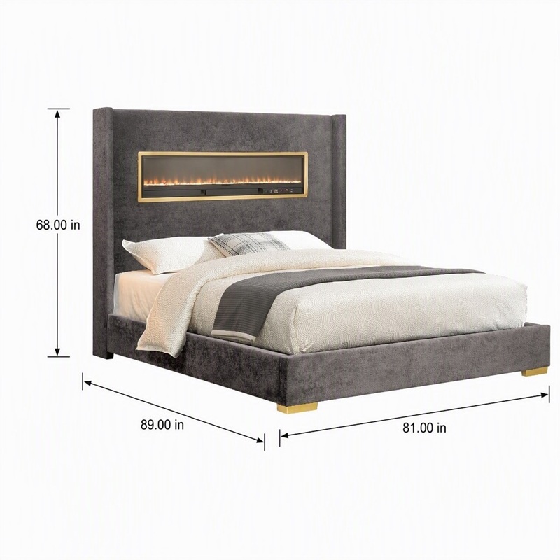 Bowery Hill King Bed with 3D Fireplace Headboard in Gray Acacia Wood