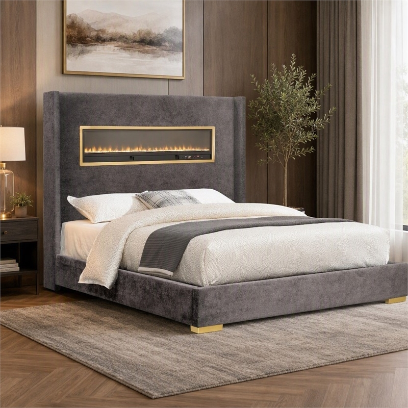 Bowery Hill King Bed with 3D Fireplace Headboard in Gray Acacia Wood