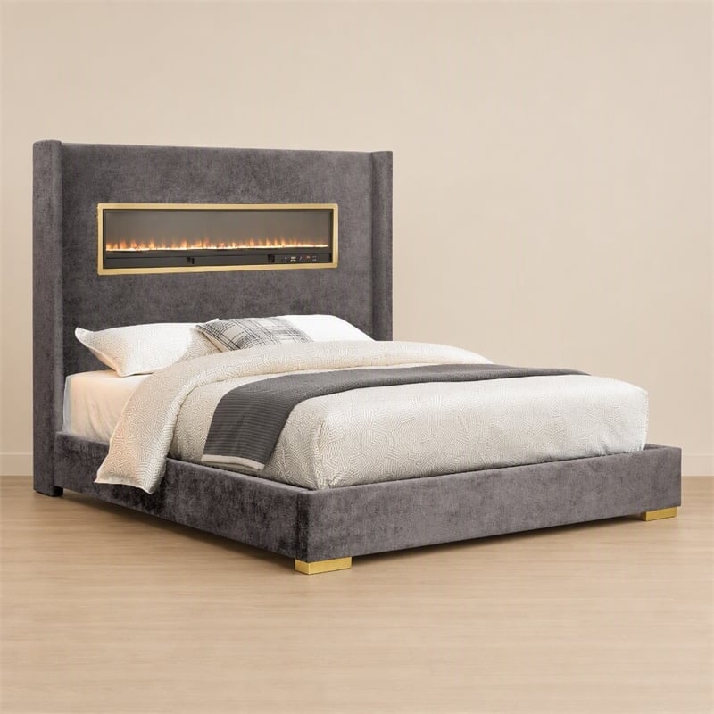 Bowery Hill King Bed with 3D Fireplace Headboard in Gray Acacia Wood