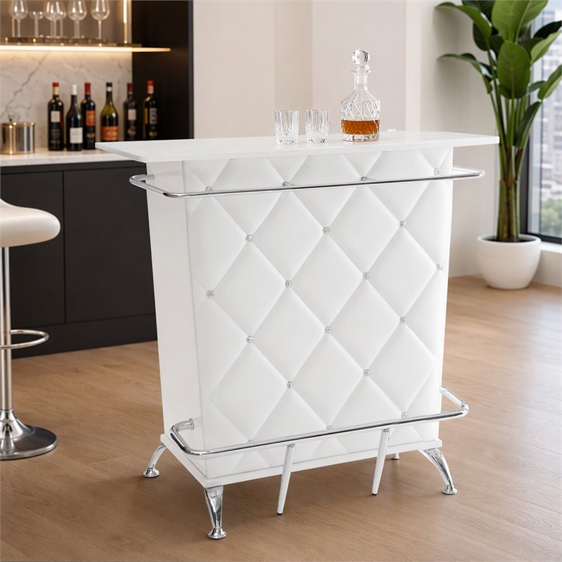 Bowery Hill Contemporary Faux Leather Tufted Bar Table in White