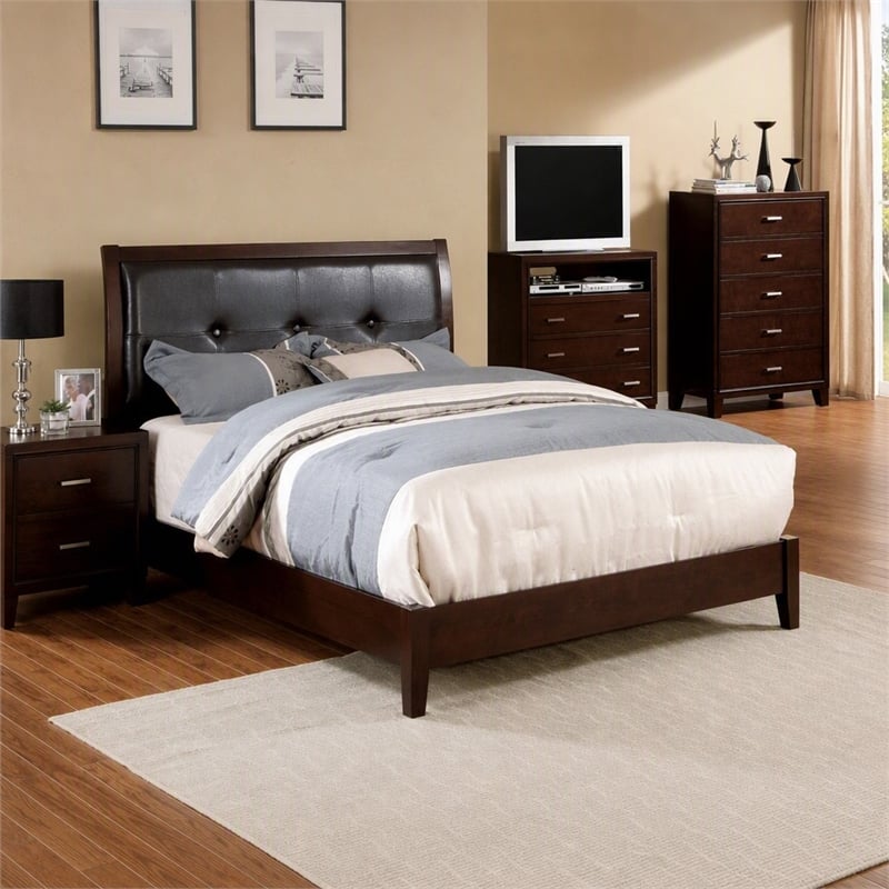 Bowery Hill Solid Wood Tufted King Bed in Brown Cherry Finish