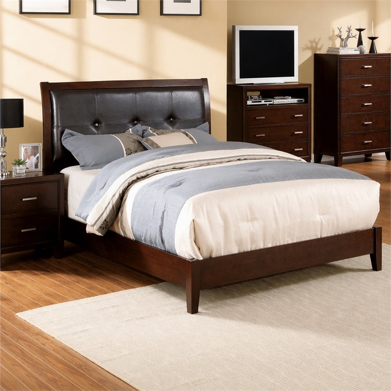 Bowery Hill Solid Wood Tufted King Bed in Brown Cherry Finish