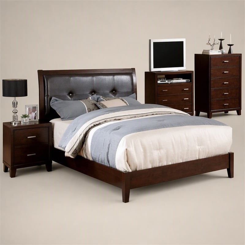 Bowery Hill Solid Wood Tufted King Bed in Brown Cherry Finish