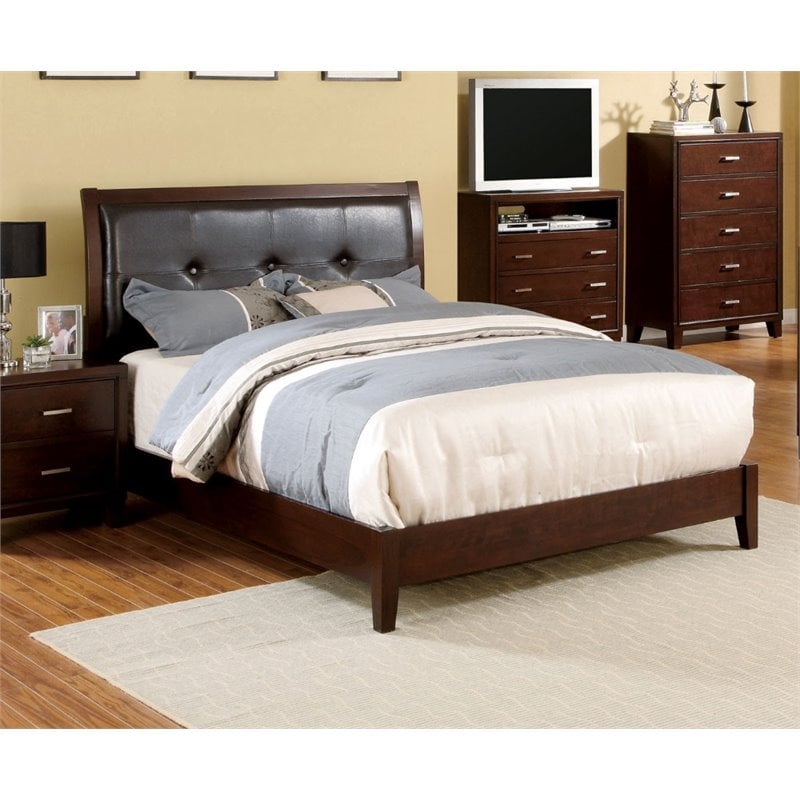 Bowery Hill Solid Wood Tufted King Bed in Brown Cherry Finish