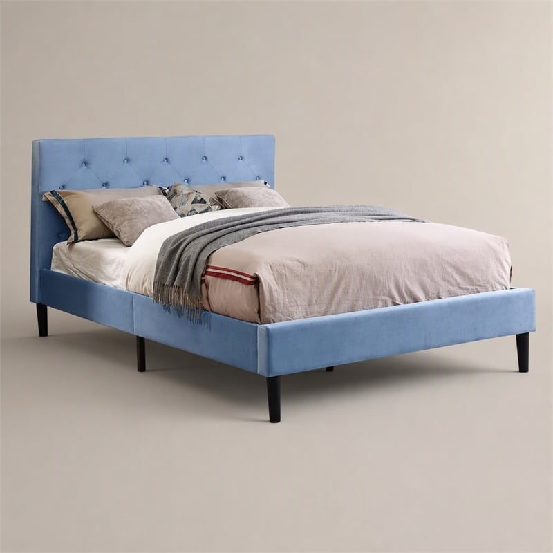 Bowery Hill Fabric Button Tufted Queen Platform Bed in Light Blue