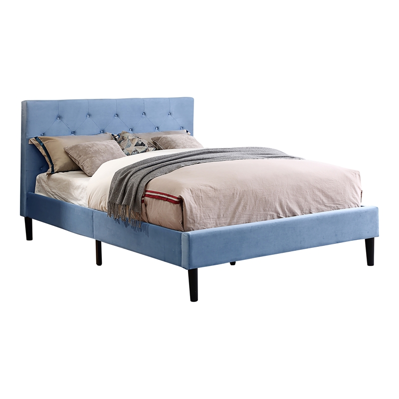 Bowery Hill Fabric Button Tufted Queen Platform Bed in Light Blue