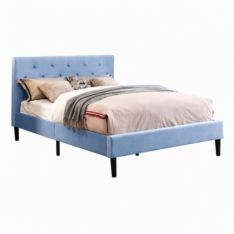 Bowery Hill Fabric Button Tufted Queen Platform Bed in Light Blue