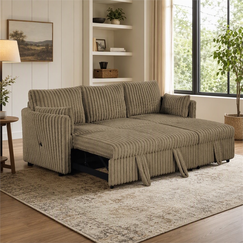 Bowery Hill Faux Fur Modular Pull-Out Sofa in Brown Fabric