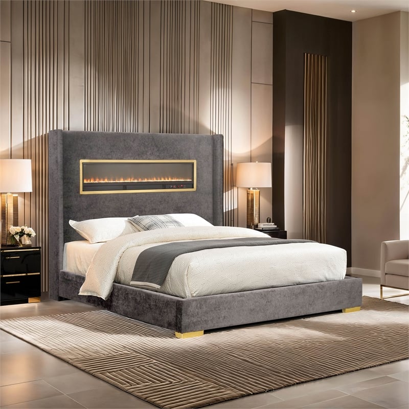 Bowery Hill Modern Acacia Wood Queen Bed with Fireplace Simulator in Gray