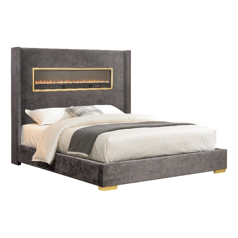 Bowery Hill Modern Acacia Wood Queen Bed with Fireplace Simulator in Gray