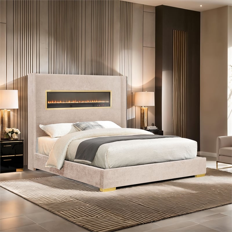 Bowery Hill King Bed with 3D Fireplace and Bluetooth Features in Beige