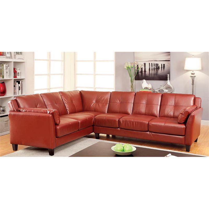 Bowery Hill Faux Leather L-shaped Sectional Sofa in Red