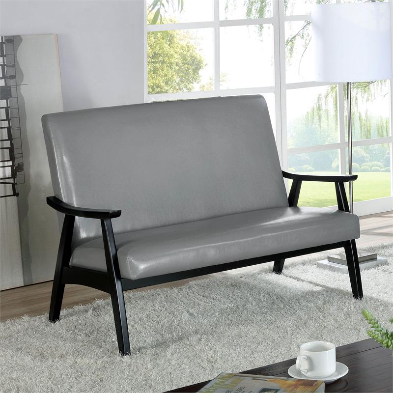 Bowery Hill Light Gray Faux Leather Loveseat Bench with Angled Legs