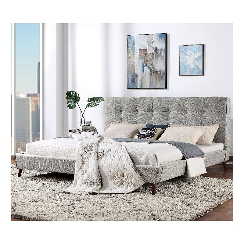 Bowery Hill Mid-century Modern Fabric Tufted Cal King Bed in Gray