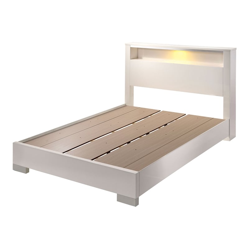 Bowery Hill Contemporary Wood Queen Bed with LED in White Lacquer Finish