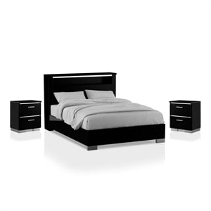 Bowery Hill Contemporary 3-Piece Black Wood Bedroom Set - Queen + Nightstands