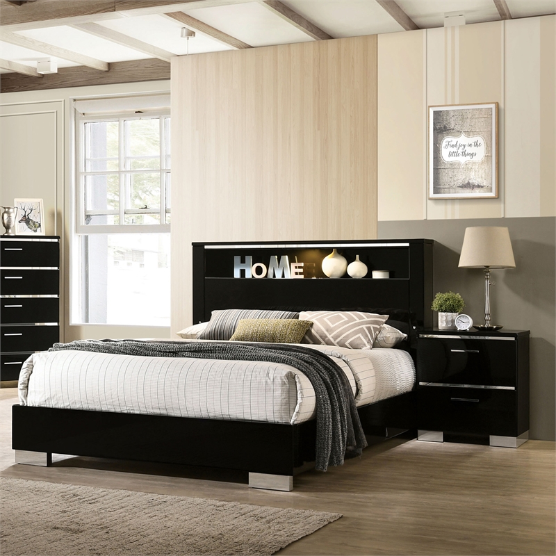 Bowery Hill Contemporary 3-Piece Black Wood Bedroom Set - Queen + Nightstands