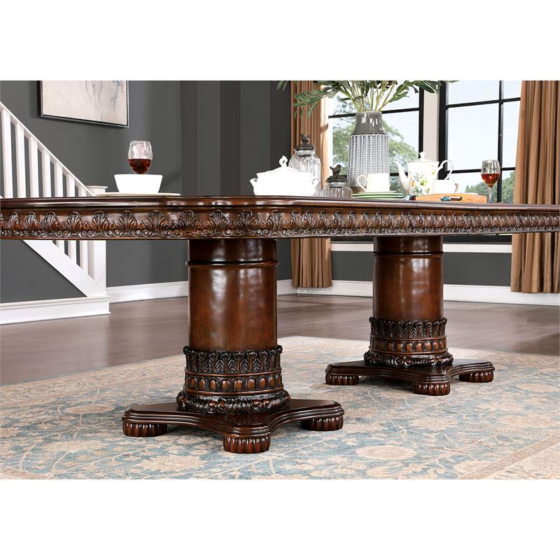 Bowery Hill Traditional Wood Dining Table in Brown Cherry with Carved Accents