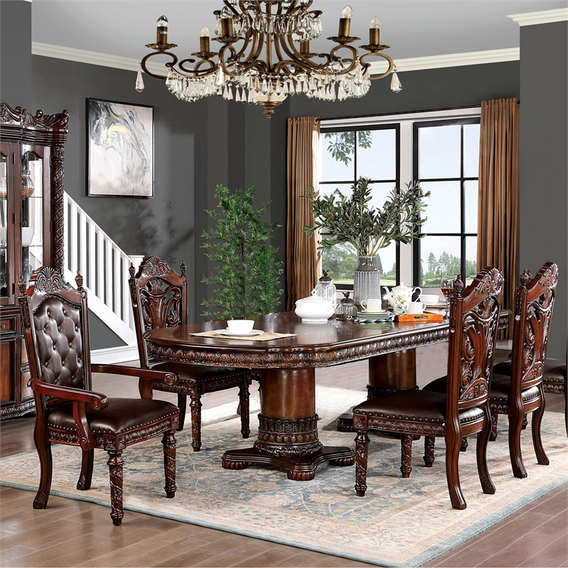 Bowery Hill Traditional Wood Dining Table in Brown Cherry with Carved Accents