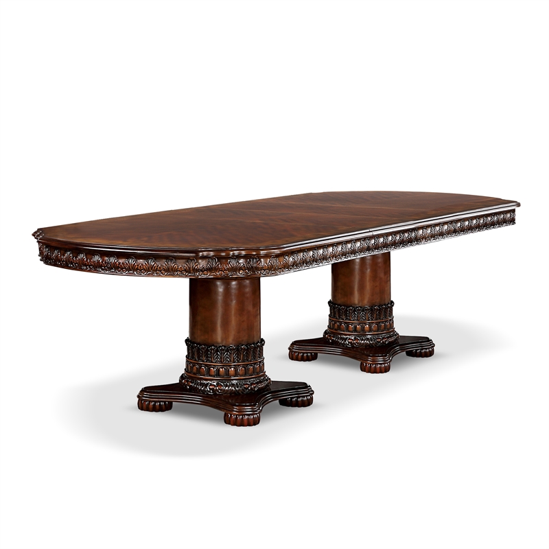 Bowery Hill Traditional Wood Dining Table in Brown Cherry with Carved Accents