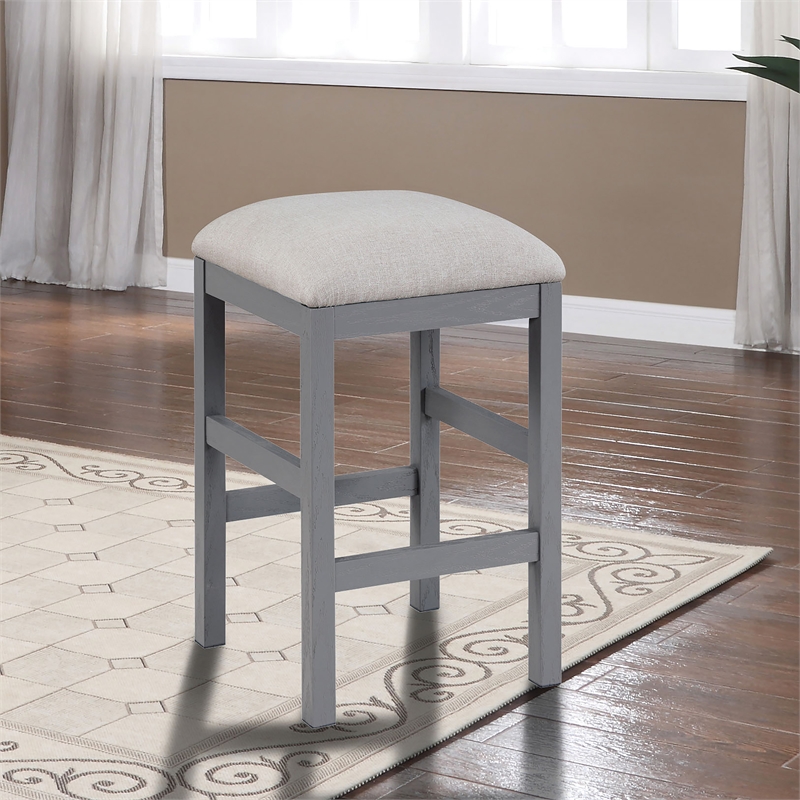 Bowery Hill Set of 2 Wood Counter Height Stools with Gray Linen Seats