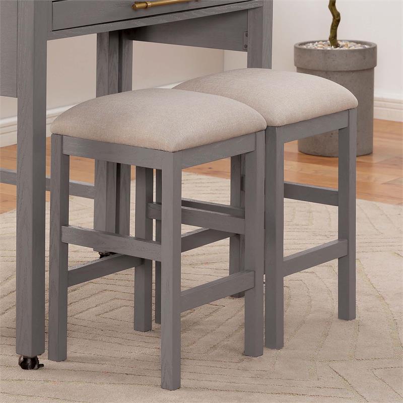 Bowery Hill Set of 2 Wood Counter Height Stools with Gray Linen Seats