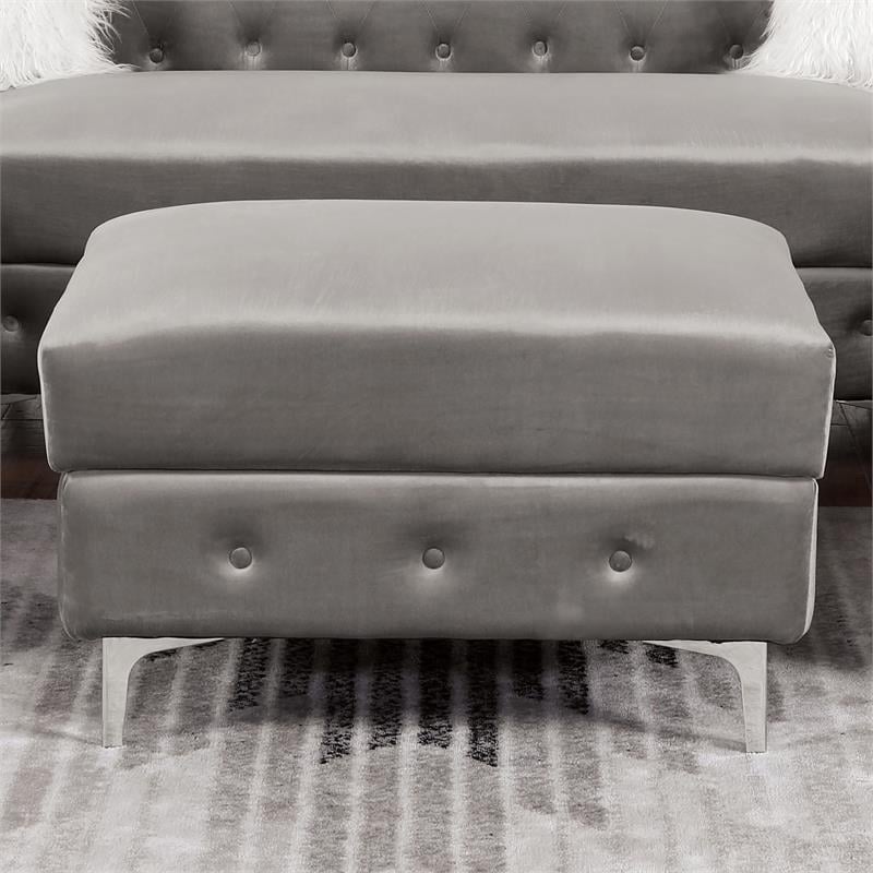 Bowery Hill Transitional Fabric Tufted Gray Ottoman with Chrome Legs