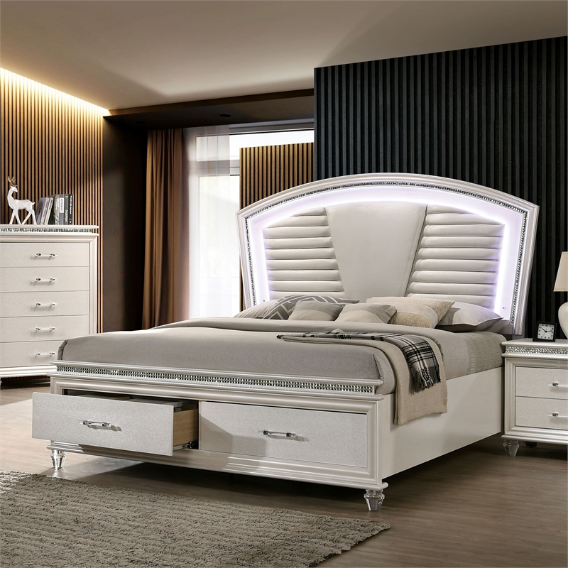Bowery Hill Contemporary Queen Wood Bed with LED Lighting in Silver