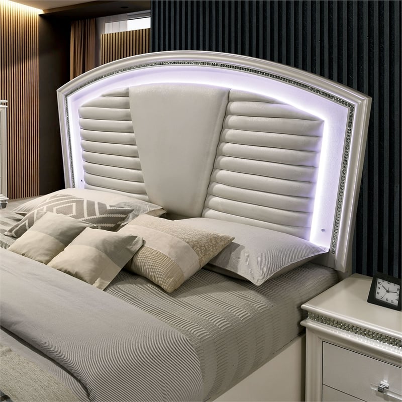 Bowery Hill Contemporary Queen Wood Bed with LED Lighting in Silver