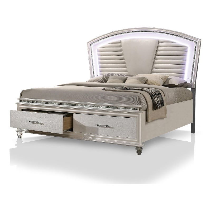 Bowery Hill Contemporary Queen Wood Bed with LED Lighting in Silver