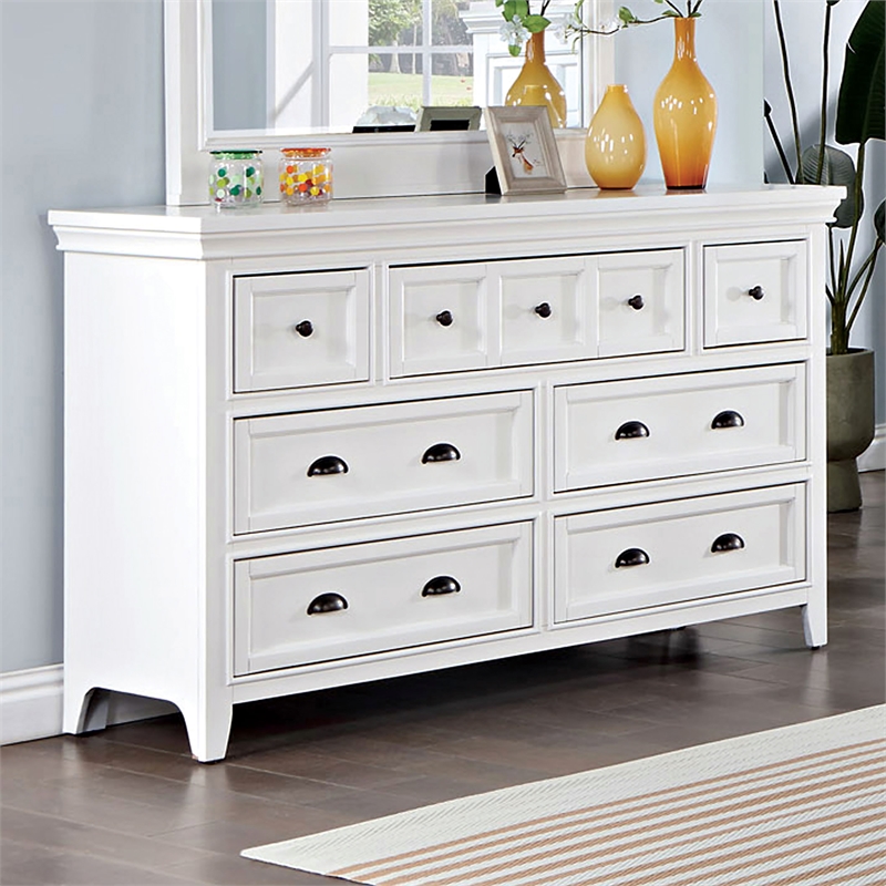 Bowery Hill 7-Drawer Wood Dresser with Mirror in Crisp White Finish