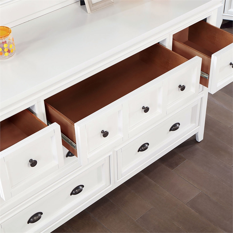 Bowery Hill 7-Drawer Wood Dresser with Mirror in Crisp White Finish