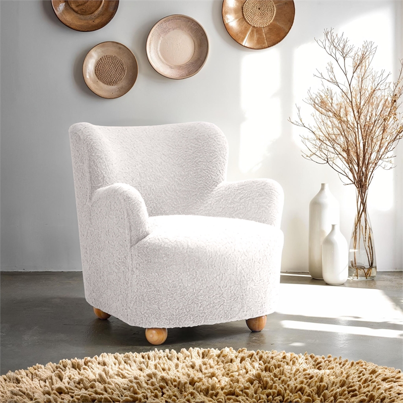 Bowery Hill Curved Backrest Accent Chair Rubberwood Fabric White Modern Style