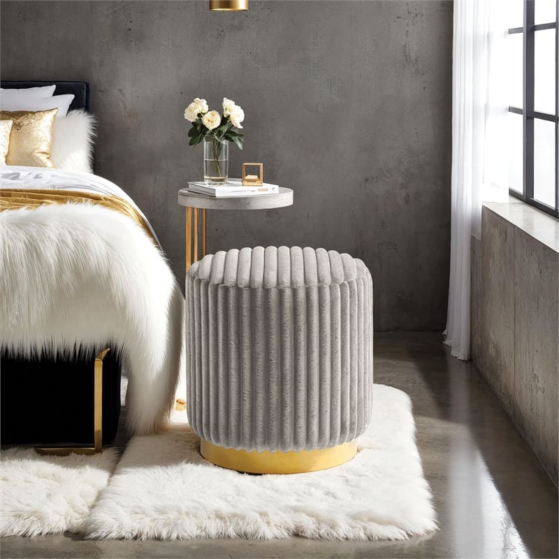 Bowery Hill Fabric Upholstered Round Plinth Base Stool in Gray