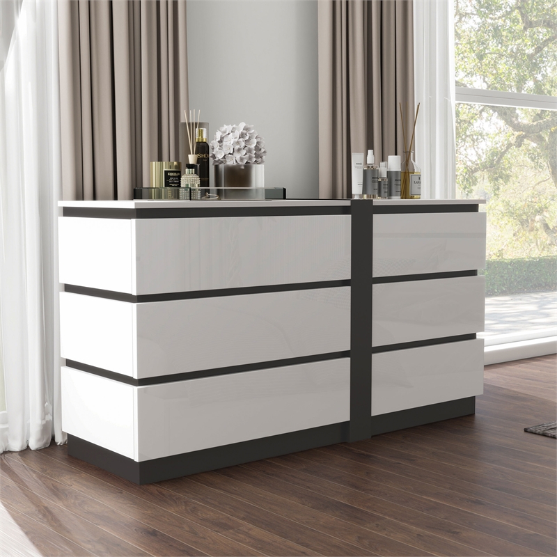 Bowery Hill Contemporary 6-Drawer Solid Wood Dresser in White & Gray