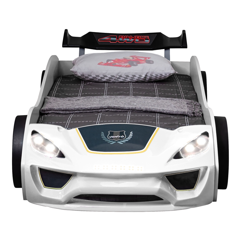 Bowery Hill Race Car Design Twin Bed with LED Lights in White Finish