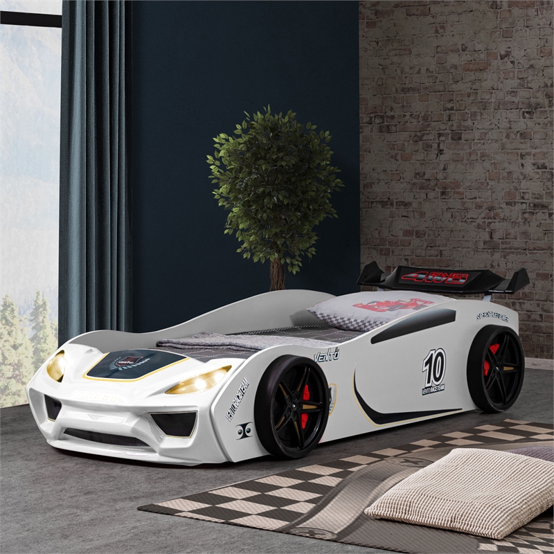 Bowery Hill Race Car Design Twin Bed with LED Lights in White Finish