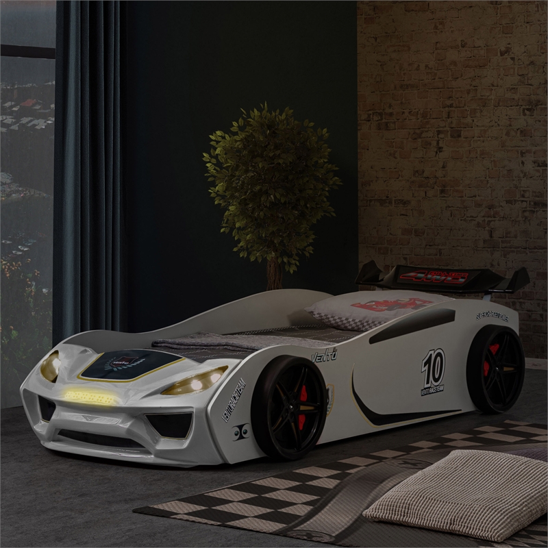 Bowery Hill Race Car Design Twin Bed with LED Lights in White Finish