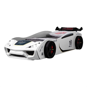 Bowery Hill Race Car Design Twin Bed with LED Lights in White Finish