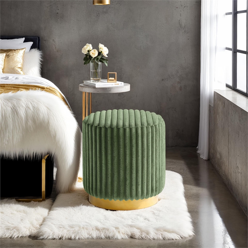 Bowery Hill Round Plinth Base Stool Fabric Upholstery Green Modern 18 in